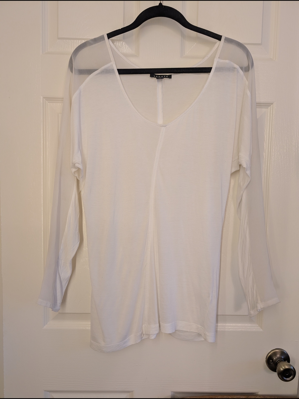 Trouve Sheer-Sleeve White V-Neck Long Sleeve Top